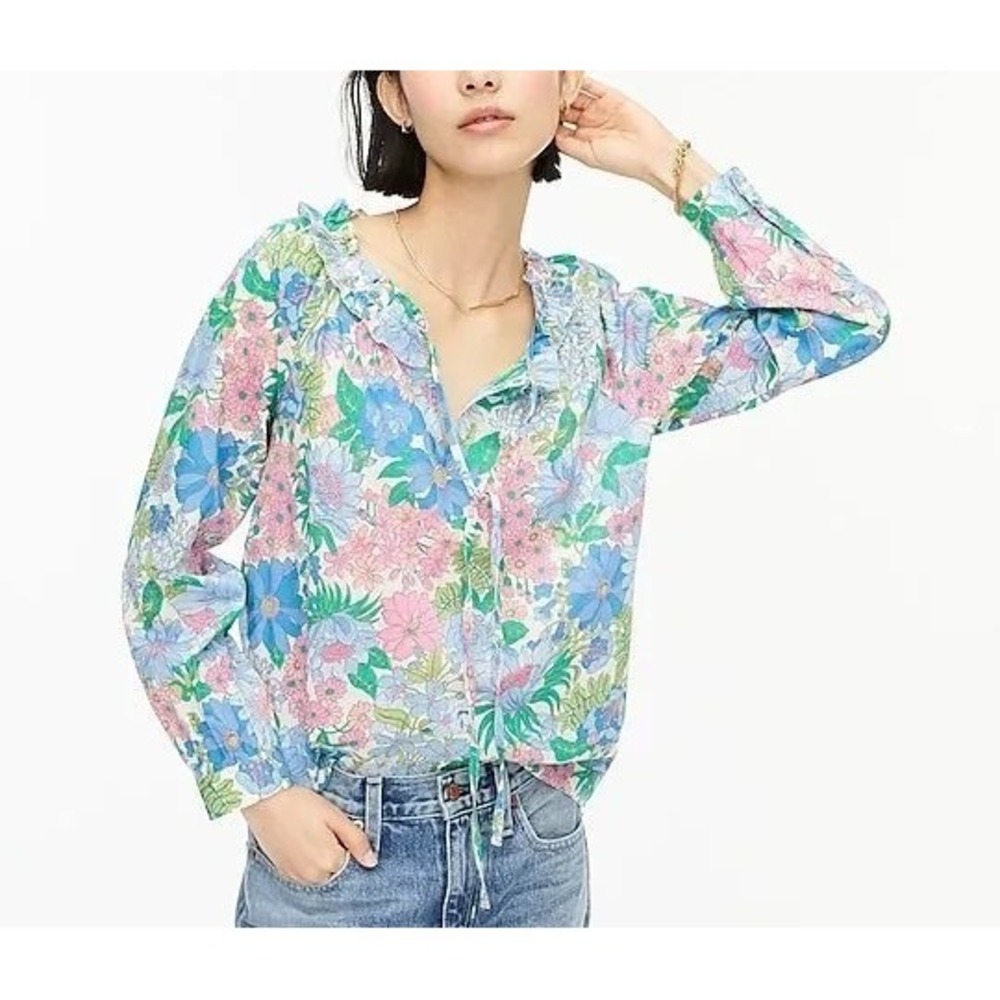 Women's J.Crew Blouse Tie-front Ruffle Top in Fairy Floral Cotton Sz L Breezy